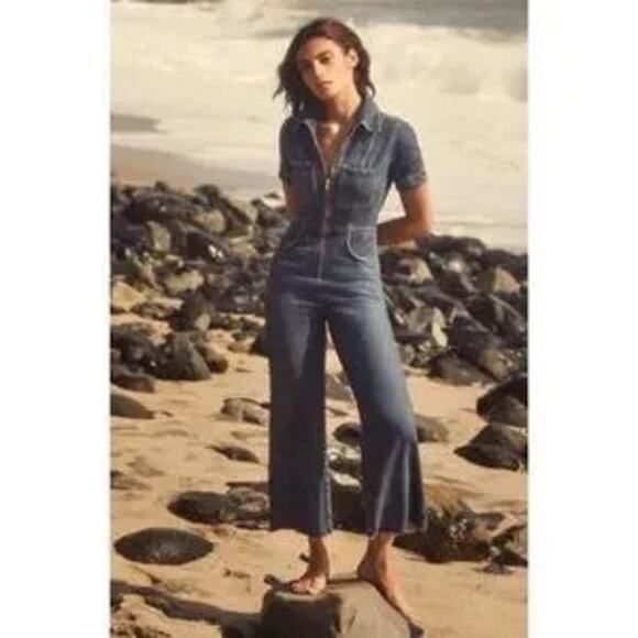 Reformation Dark Denim jumpsuit wide leg patch pockets short sleeve size 2 - Picture 2 of 9